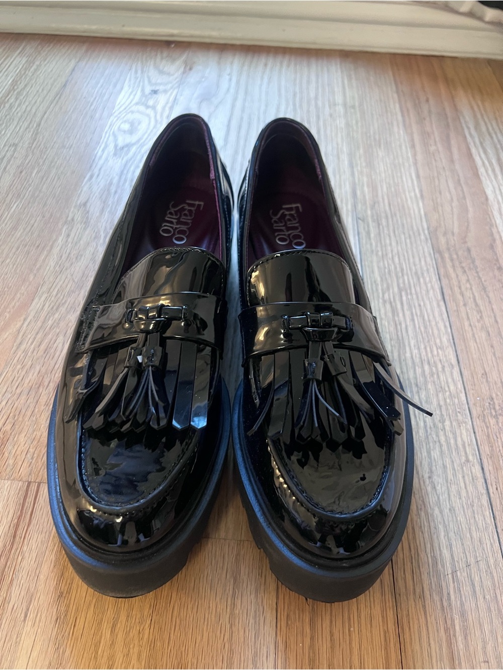 Franco Sarto Black Patent Tassel Loafers with Chunky Sole